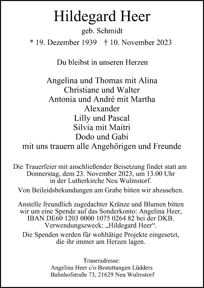  Traueranzeige für Hildegard Heer vom 18.11.2023 aus Hamburger Abendblatt
