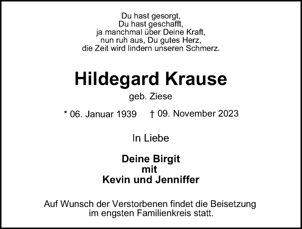  Traueranzeige für Hildegard Krause vom 18.11.2023 aus 