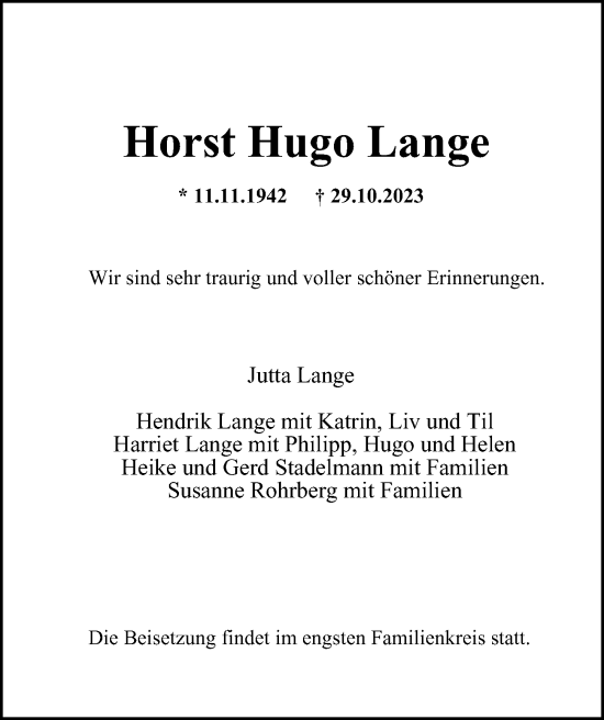 Traueranzeige von Horst Hugo Lange von Hamburger Abendblatt