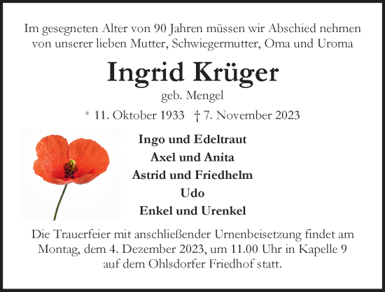 Traueranzeige von Ingrid Krüger von Hamburger Abendblatt