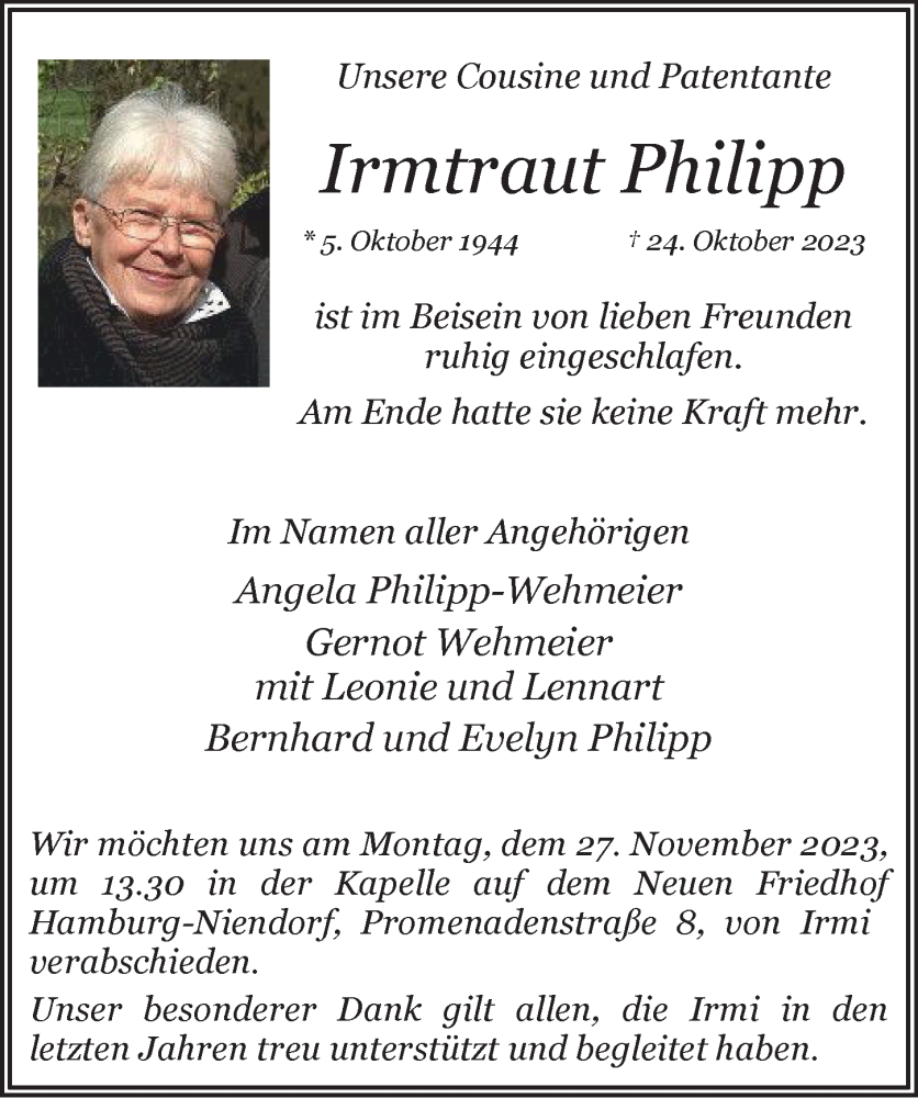  Traueranzeige für Irmtraut Philipp vom 18.11.2023 aus Hamburger Abendblatt