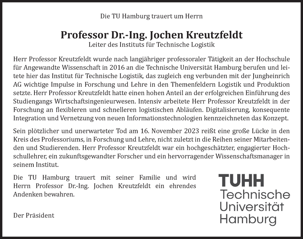  Traueranzeige für Jochen Kreutzfeldt vom 25.11.2023 aus Hamburger Abendblatt