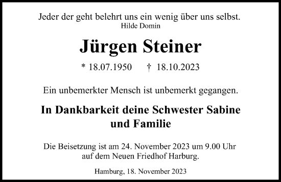 Traueranzeige von Jürgen Steiner 