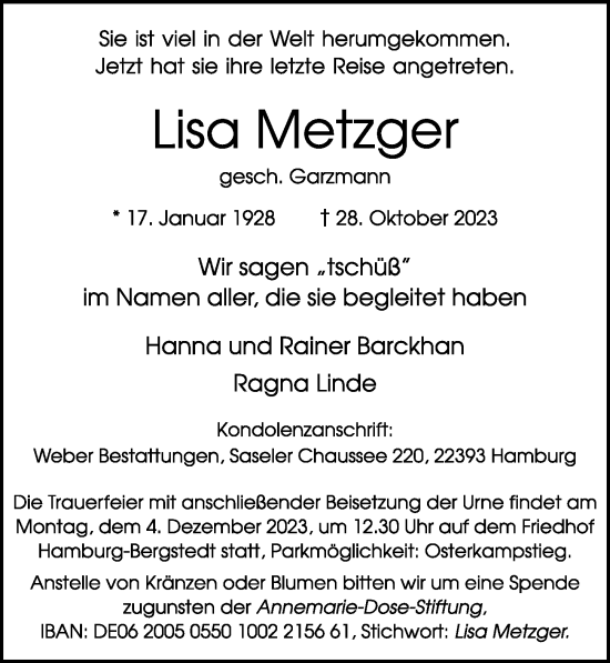 Traueranzeige von Lisa Metzger von Hamburger Abendblatt