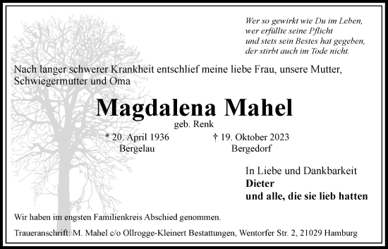 Traueranzeige von Magdalena Mahel 