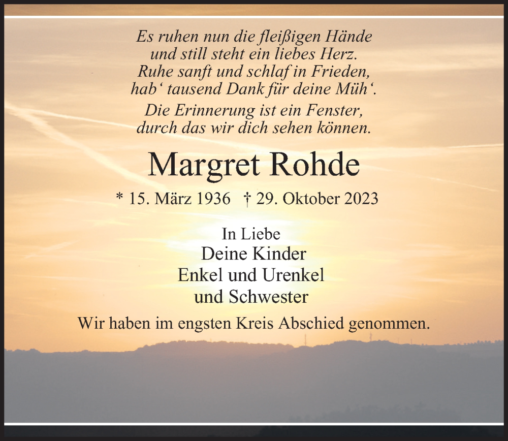  Traueranzeige für Margret Rohde vom 25.11.2023 aus 