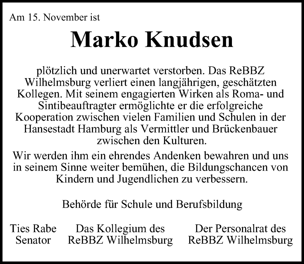  Traueranzeige für Marko Knudsen vom 25.11.2023 aus Hamburger Abendblatt