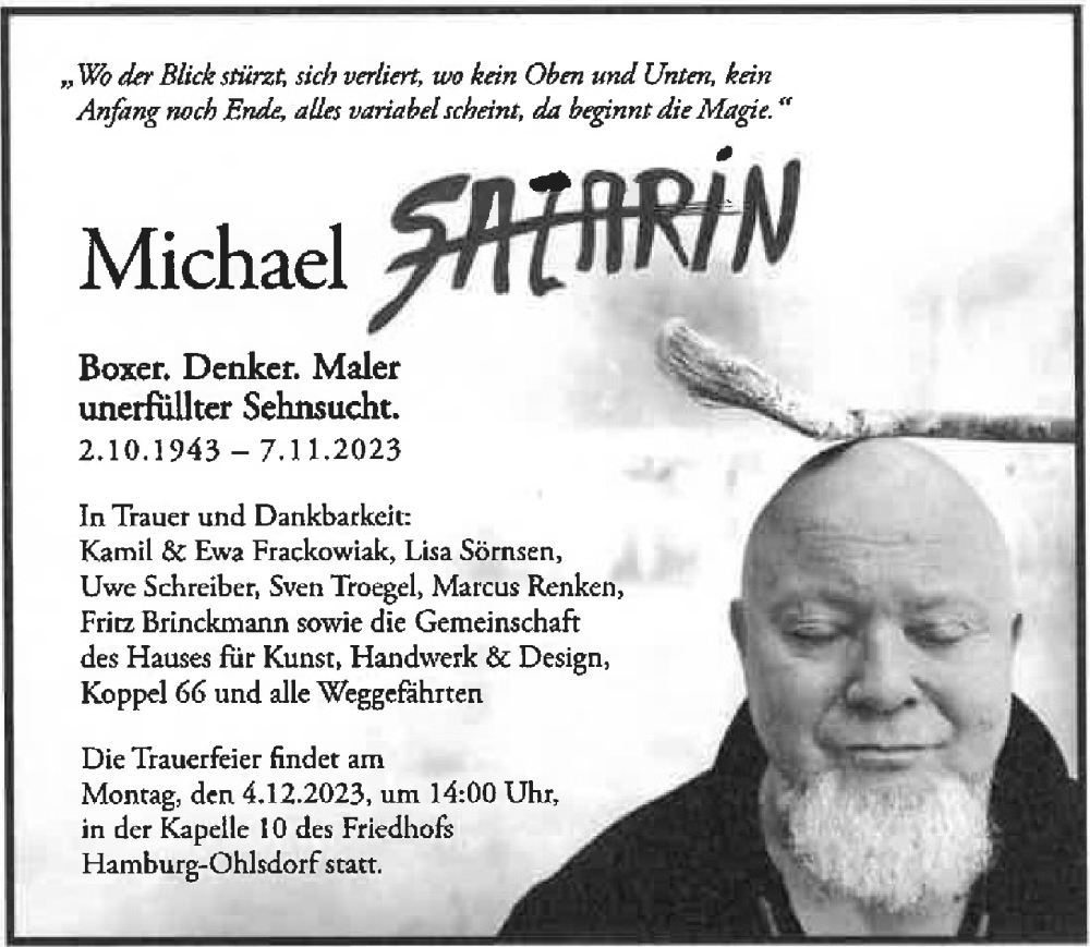 Traueranzeige für Michael Sazarin vom 25.11.2023 aus Hamburger Abendblatt