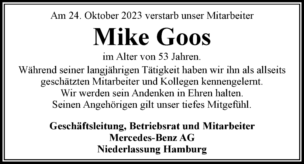  Traueranzeige für Mike Goos vom 13.11.2023 aus Hamburger Abendblatt