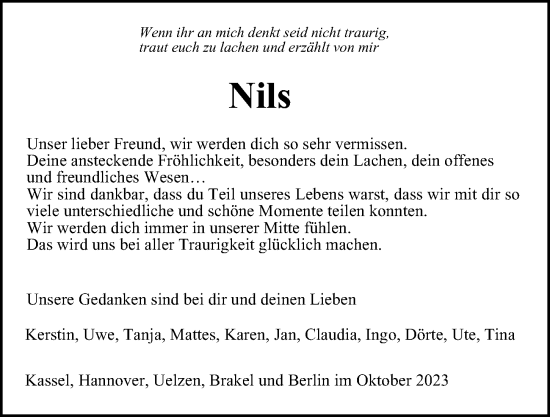 Traueranzeige von Nils Lorentzen von Hamburger Abendblatt