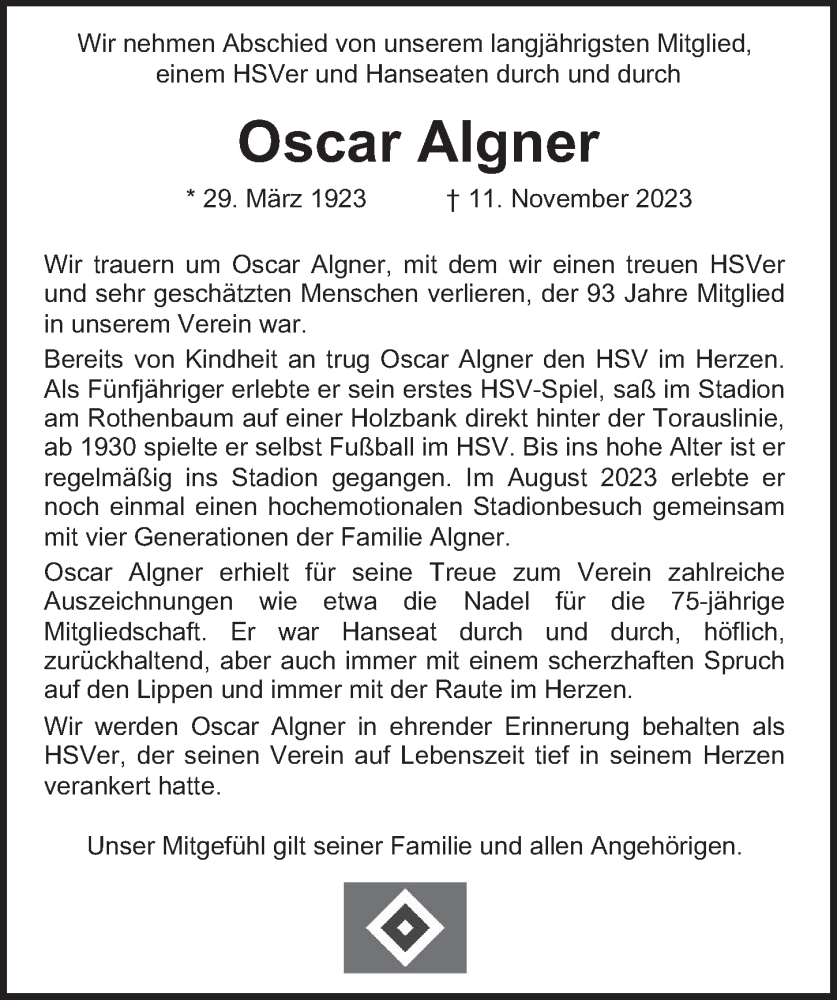  Traueranzeige für Oscar Algner vom 25.11.2023 aus Hamburger Abendblatt