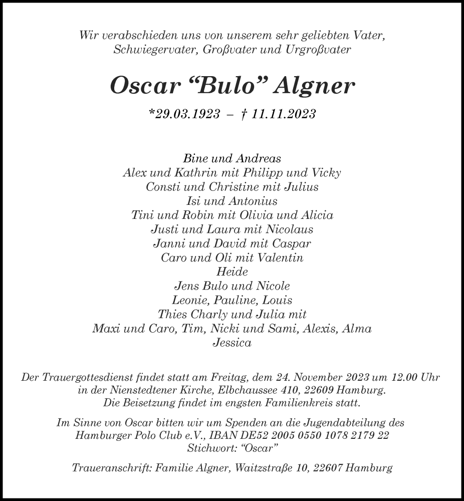  Traueranzeige für Oscar Algner vom 18.11.2023 aus Hamburger Abendblatt
