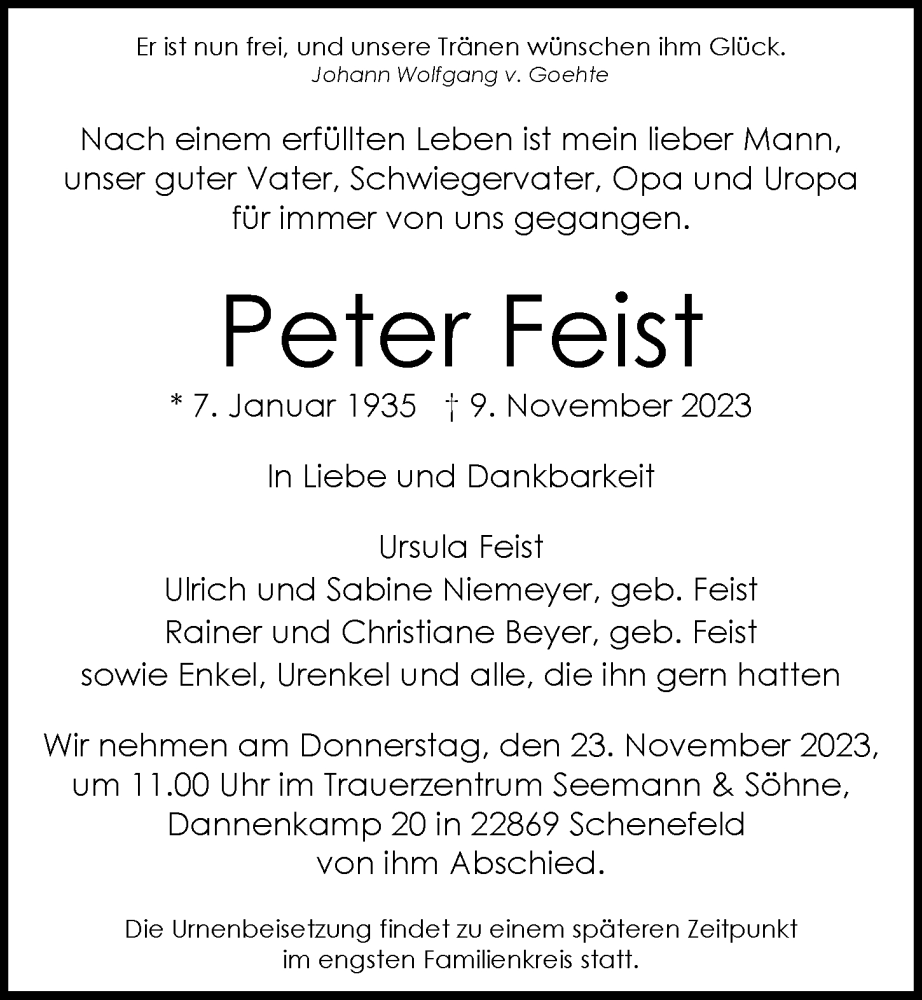  Traueranzeige für Peter Feist vom 18.11.2023 aus Hamburger Abendblatt
