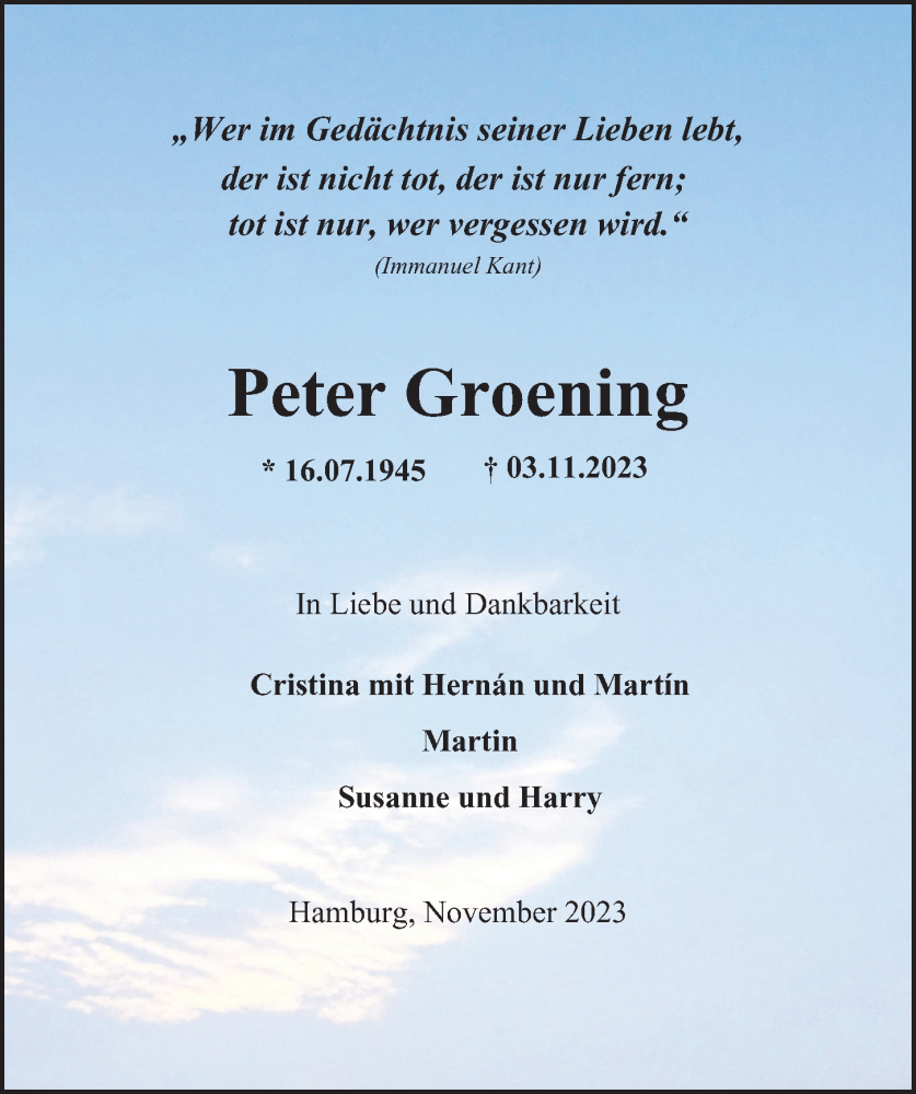  Traueranzeige für Peter Groening vom 18.11.2023 aus 