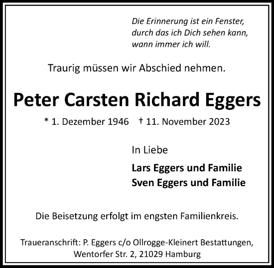 Traueranzeige von Peter Carsten Richard Eggers von Bergedorfer Zeitung