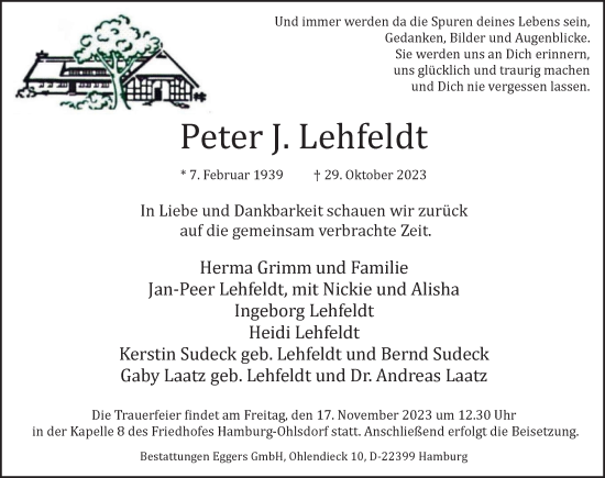 Traueranzeige von Peter J. Lehfeldt von Hamburger Abendblatt