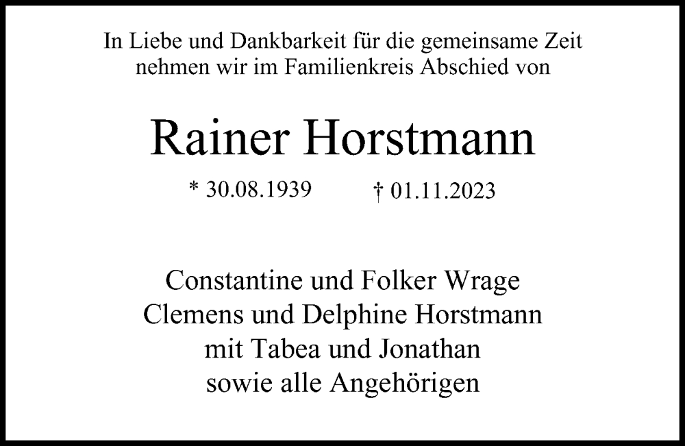  Traueranzeige für Rainer Horstmann vom 25.11.2023 aus Hamburger Abendblatt