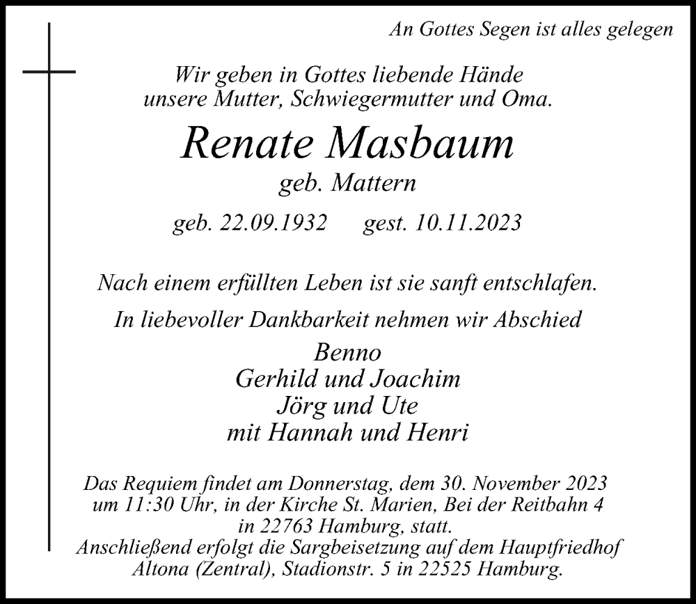  Traueranzeige für Renate Masbaum vom 18.11.2023 aus Hamburger Abendblatt