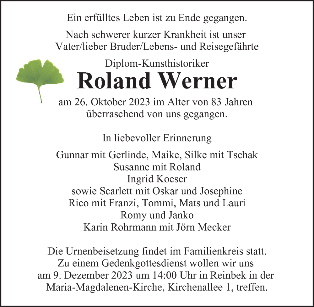  Traueranzeige für Roland Werner vom 18.11.2023 aus Hamburger Abendblatt