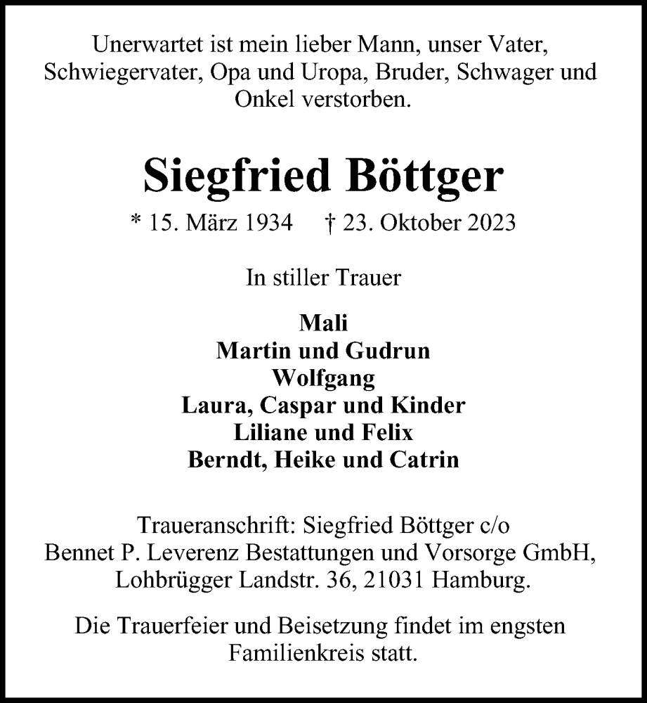  Traueranzeige für Siegfried Böttger vom 18.11.2023 aus Bergedorfer Zeitung