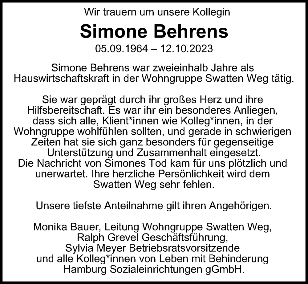  Traueranzeige für Simone Behrens vom 25.11.2023 aus Hamburger Abendblatt