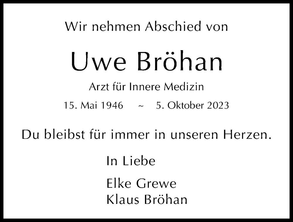  Traueranzeige für Uwe Bröhan vom 04.11.2023 aus Hamburger Abendblatt