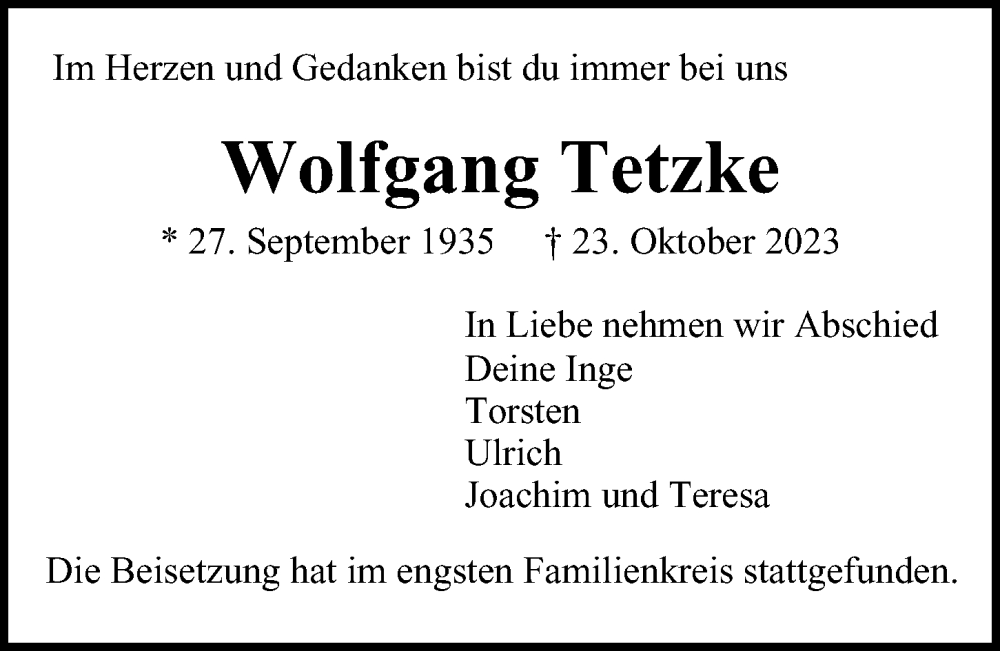  Traueranzeige für Wolfgang Tetzke vom 18.11.2023 aus Bergedorfer Zeitung
