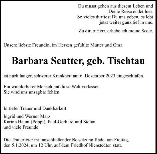 Traueranzeige von Barbara Seutter von Hamburger Abendblatt