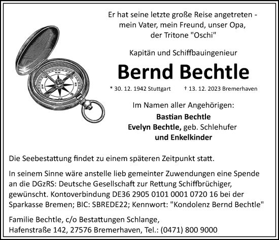 Traueranzeige von Bernd Bechtle von Hamburger Abendblatt