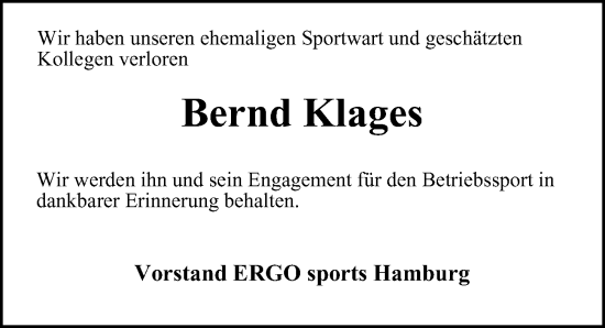 Traueranzeige von Bernd Klages von Hamburger Abendblatt