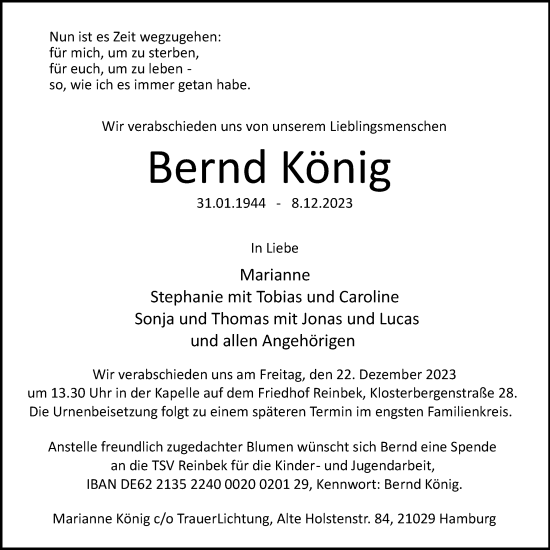 Traueranzeige von Bernd König von Bergedorfer Zeitung