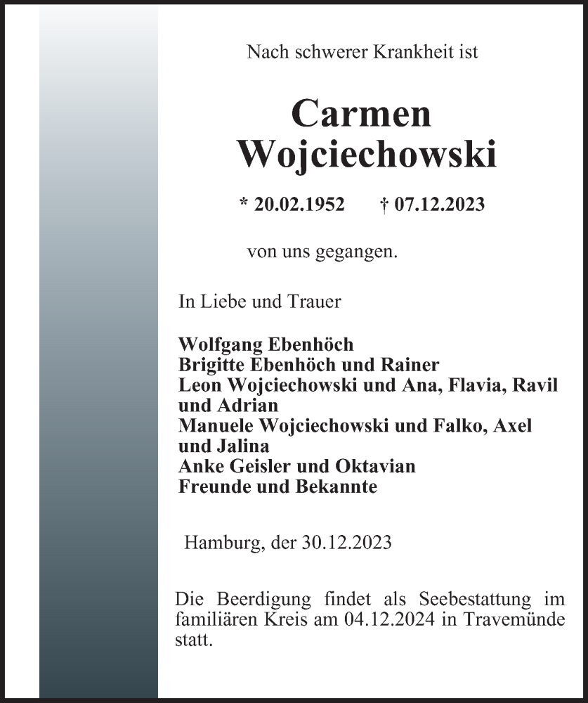  Traueranzeige für Carmen Wojciechowski vom 30.12.2023 aus Hamburger Abendblatt