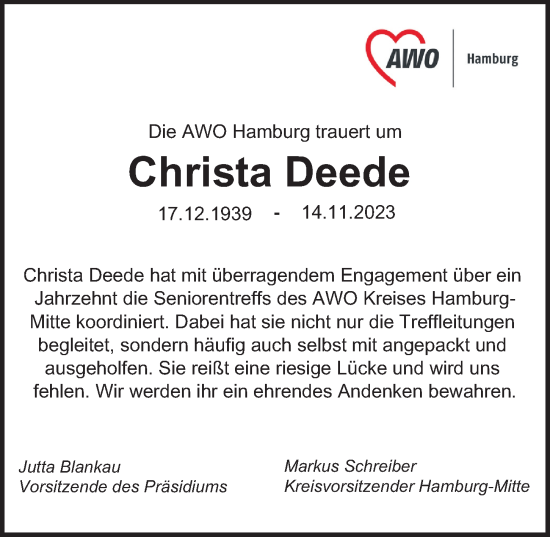 Traueranzeige von Christa Deede von Hamburger Abendblatt