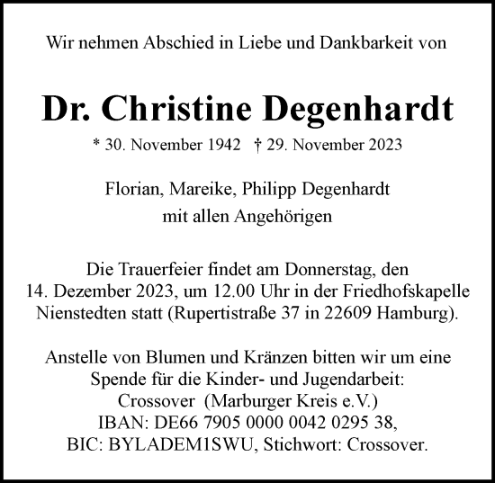 Traueranzeige von Christine Degenhardt von Hamburger Abendblatt