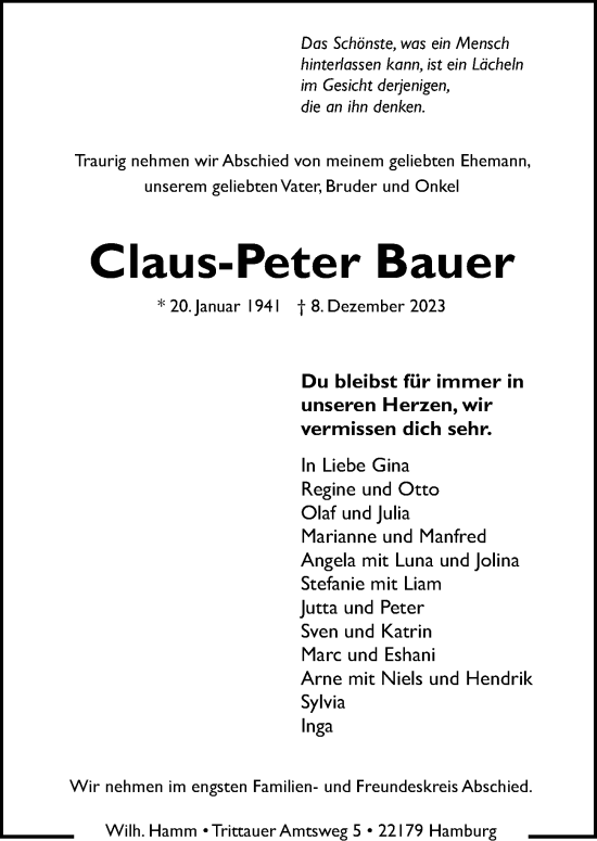 Traueranzeige von Claus-Peter Bauer von Hamburger Abendblatt