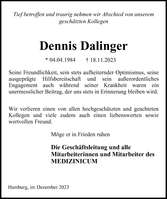 Traueranzeige von Dennis Dalinger von Hamburger Abendblatt