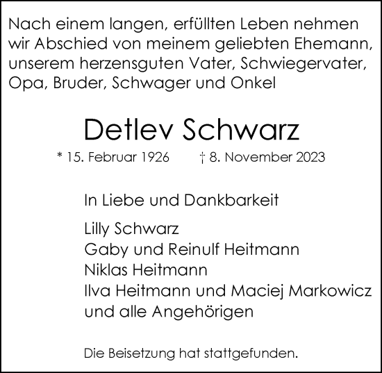 Traueranzeige von Detlev Schwarz von Hamburger Abendblatt