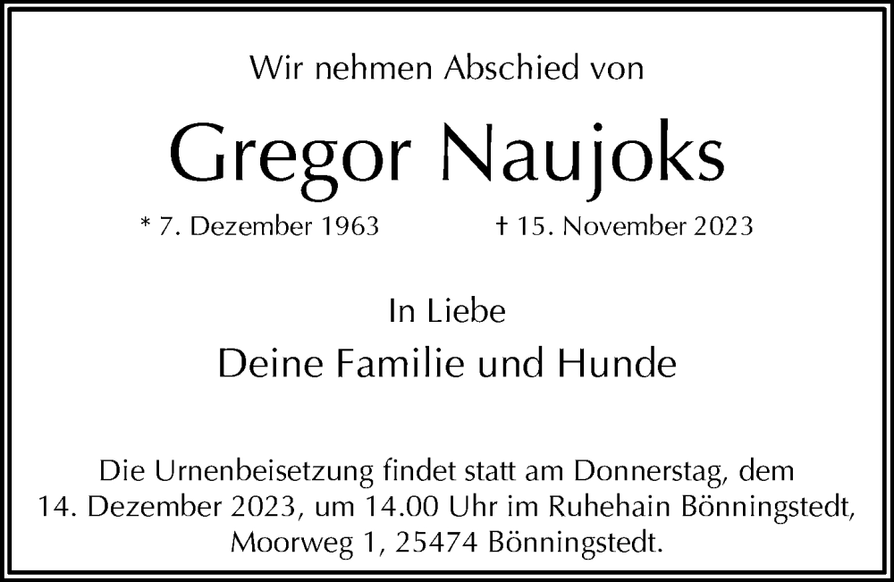  Traueranzeige für Gregor Naujoks vom 02.12.2023 aus 