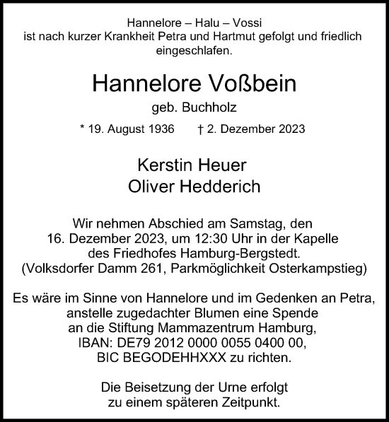 Traueranzeige von Hannelore Voßbein von Hamburger Abendblatt