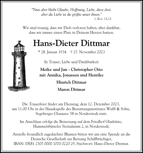 Traueranzeige von Hans-Dieter Dittmar von Hamburger Abendblatt