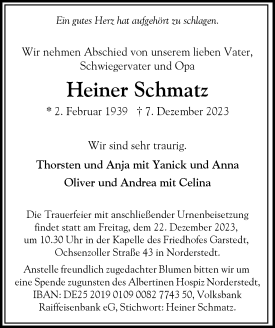 Traueranzeige von Heiner Schmatz von Hamburger Abendblatt