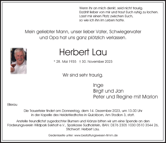 Traueranzeige von Herbert Lau von HA Regio Norderstedt