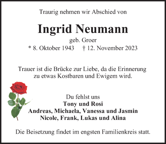 Traueranzeige von Ingrid Neumann von Bergedorfer Zeitung