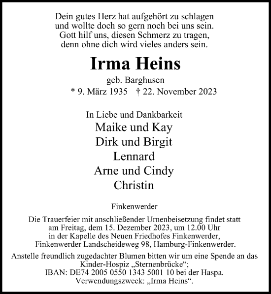 Traueranzeigen Von Irma Heins | HamburgerTRAUER.de