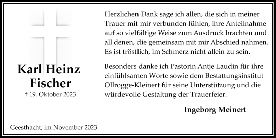 Traueranzeige von Karl Heinz Fischer von Bergedorfer Zeitung