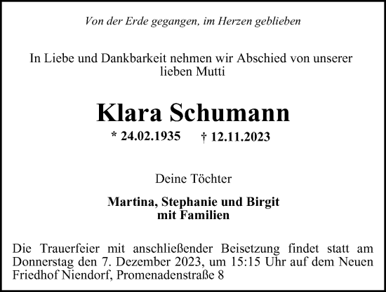 Traueranzeige von Klara Schumann 