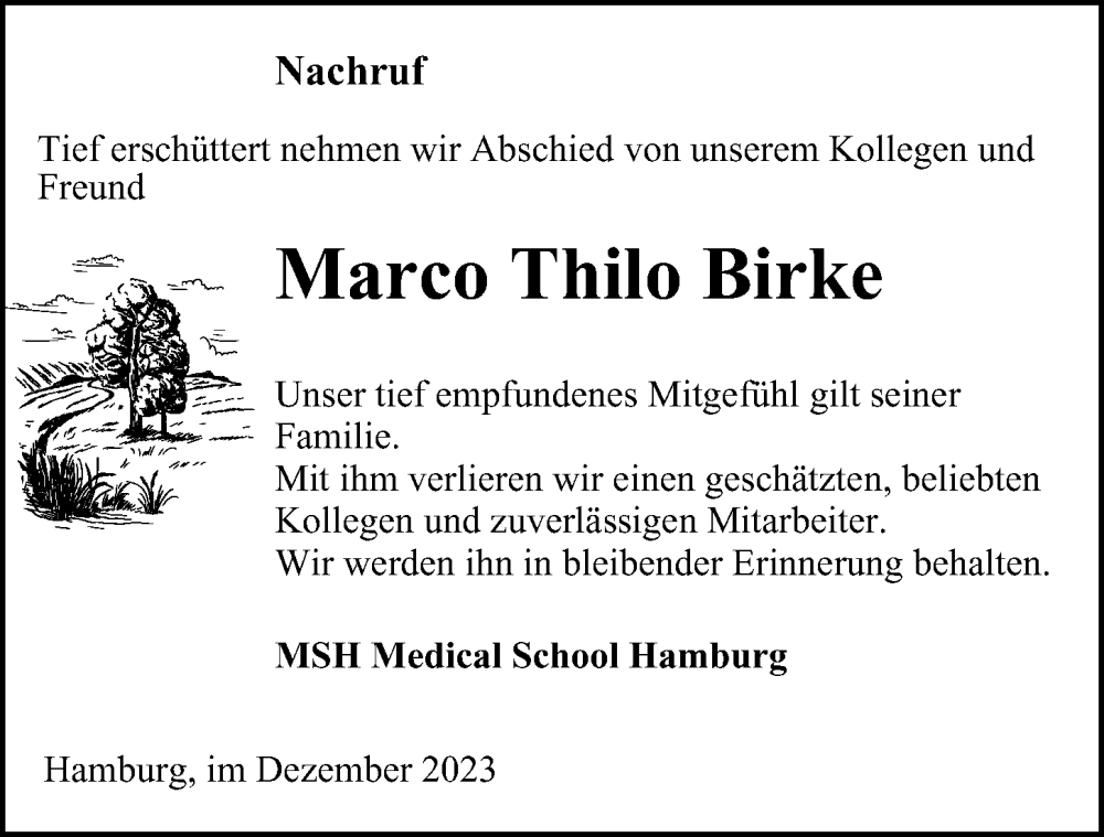  Traueranzeige für Marco Thilo Birke vom 14.12.2023 aus Hamburger Abendblatt