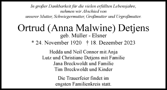 Traueranzeige von Ortrud Anna Malwine Detjens von Hamburger Abendblatt