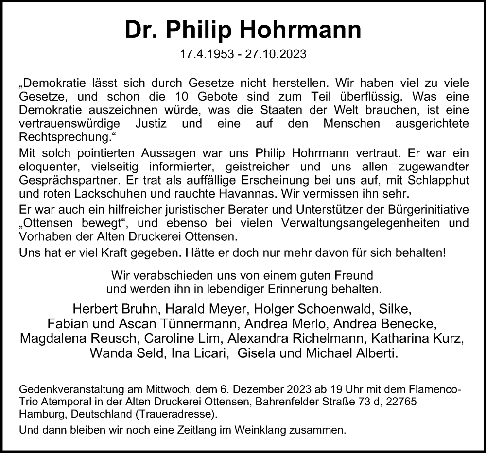  Traueranzeige für Philip Hohrmann vom 02.12.2023 aus Hamburger Abendblatt