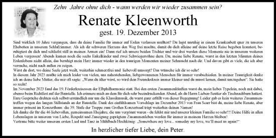 Traueranzeige von Renate Kleenworth von Hamburger Abendblatt